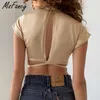 MSFancy Summer Colheita Tops Mulheres Manga Curta Sexy Backless Bandagem Camisa Mujer O-Pescoço Satin Y2K Tops 210604