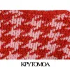 KPYTOMOA Женская мода HoundStooth Cross Open Knit Cardigan свитер Урожай о шеи с длинным рукавом женская верхняя одежда Chic Tops 211018