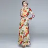 Herfst Romantische Floral Holiday Maxi Jurk Robe Vrouwen Lange Mouw Bloem Print Sashes Geplooid Chiffon Lange Jurk + Sjaal 210514