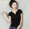 Bawełna Kobiety Koszulka V-Neck Krótki Rękaw Kobiety Koszula Wszystkie Dopasuj Lady Top Black White Grey Yellow Shir 210722