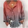 Höstskjortor Gradient Streetwear Donkey Print Loose Ladies Toppar Långärmad Stora Sommar Kvinna Casual Topp Blus