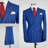 Blue Stripe Mens Tuxedos Peaked Lapel Groom Double Breasted Wedding Blazer Suits Formal Prom Party Pants Coat(Jacket+Pants)