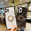 Luxury Marble Epoxy Square Phone Fodral För Samsung Galaxy S21 S20 Not20 Ultra S10 S9 A71 A51 A72 A52 Fashion Ring Bracket Soft Silicone Anti-Fall Cover