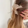 新しい女性エレガントなシフォンボウパールペンダントメタルヘアクロー甘い髪を飾るバックヘッドヘアクリップファッションアクセサリー