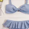 Women's Swimwear Sexy Ruffle Blue Knit Ribbed Bikini Bathing Suit 2 Piece Sets Swimsuit Women Sling 2021 Summer Beach Wear Female