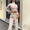 Fantoye Casual Ribbed 2 Piece Set Mulheres Correspondência Conjuntos de Turtleneck Manga Longa Crop Top Leg Wide Pant Outfits Sólido Fitness Terno Y0702