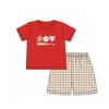 Yaz Giysileri Donanma Mavi Kısa Kollu Üst Ve Kırmızı Ekose Şort Geri Okula Sezon Böcek Yemek Apple Nakış Erkek Giysileri X0802