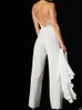 Stijlvolle kant witte jumpsuit trouwjurken boho beach bruid jurk sexy illusion bodice mouwloze tuin bruidsjurken met afneembare overskirt broek pakken