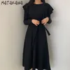 田川フリル女性のドレス秋/冬の韓国のプリーツ獣道厚いニットミディドレス210513