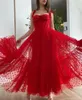 2021 Red Polka Dots Tulle A Line Evening Dress Spaghetti Straps Tied Bow Shoulder Tea Length Party Graduation Prom Dress