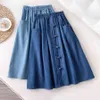 Casual Women Skirts elastic waist embroidery lovely denim knee length skirts with belt students school Grils 210524