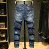 Jeans masculino europeu e americano com remendo de buraco fino emendado designer de calças de motociclista moda casual elástico rasgado streetwear para