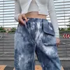 Tie Dye Spodnie Dysfunda HHGH Waist Damska szeroka noga Y2K Spodnie z listem Haft Torba Spadek Sznurek Harajuku Spodnie 210510