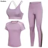 T-shirt a rete da yoga + reggiseno sexy + pantaloni a vita alta da donna Set da 3 pezzi Fitness Collant da palestra Completi da esterno Abbigliamento sportivo da corsa