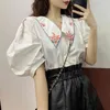 White Turn Down Collar Embroidery Shirt Puff Short Sleeve Button Blouse Summer Casual Loose Women B0825 210514