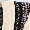 Zevity Women Vintage Contrast Colour Patchwork Jacquard Maglione lavorato a maglia Donna Chic manica lunga Cardigan petto Top S567 210603