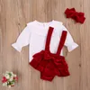 0-24m Alla hjärtans dagfödd spädbarn Babyflicka Kläder Set Ruffles Vit Toppar Bow Red Velvet Shorts Headband Outfit Xmas 210515