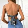 Mulheres Y2K Cetim Corset Crop Imprimir Sexy Backless Camisole Bandana Tanque Tops Verão Senhora Sling Strap Club Colete