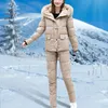 Women's Two Piece Pants 2021 Winter Hooded Overalls Bodysuit Jacket Parka Outdoor Snow Suits Warm Sashes Ski Suit Zipper Tracksuits D0