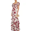 Free Elegant Layered Ruffle Print Long Dress One-shoulder Lantern Short Sleeve Vacation Party 210524