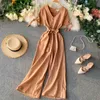 V Neck Wide-legged Jumpsuit Summer Women Spaghetti Strap Button Sashes High Waist Playsuit Holiday Romper 210423
