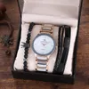 Wristwatches Moda męska Biznes Elegancki Brytyjski Stylowy Zegarek Steel Kwarcowy Zegarek i Bransoletka Mężczyźni Zegarki 2021 Zestaw (3 sztuk / zestaw)