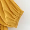 Women O Neck Sweet Yellow Dresses Summer Half Sleeve A Line Casual Mini Elastic Waist Bow Tie Chic Party 210515