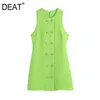 [DEAT] Summer Fashion Double Breasted Round Neck Knee-length Sleeveless Solid Color A-line Dress Women 13Q369 210527