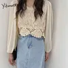 YITIMUCENGブラウス女性フックフラワー中空シャツ長袖ホワイトアプリコット服夏韓国ファッションシフォントップ210601