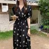 Black V-Neck Florals All Match Slim Sexy Prom Femme Chic Gentle Printing Flowers Streetwear Long Dresses Vestidos 210525