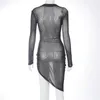 Fashion Club Party Sexy Slim Dress Black Casual Printed Long Sleeve See-through Split Irregular Folds Bandage Women Vestidos 210517