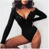 Sommar Kvinnor Sexig Bodysuit Knapp V Neck Fashion Casual Backless Black Body Tops Korta Jumpsuit Långärmad Kvinnors Jumpsuits Rompers