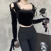 Mulher camiseta Lace Up Black Hollow Out Goth Top Vintage Corset Bodycon Bodycon Tops Sexy Harajuku Y2K Estética Roupa Curta 210517