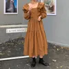 Kvinnor Fransk Retro Klänning Ruffles Square Collar Lazy Solid Long Gentle Elegant Chic Kvinna Fashion Clothe 210525