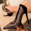 Sandały Cienkie Wysokie Obcasy Point Toe Sexy Kobiety Buty Kryształ Rhinestone Mesh Kobieta Sandales Biurowe Panie Dla Kobiety 2022