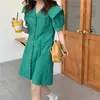 Retro Green Solid Chic Prom Party Vintage Puff Sleeves Loose-Fitting Mini Dress Femme All Match Vestidos 210525
