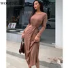 2020 Été Automne Casual Nouvelle Mode Femmes Taille haute Corée Taille haute Bow Sexy Fold Robe à manches longues Robes Maxi E144 X0521