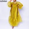 Casual Dresses Se genom klänning Elegant Kvinnor Långärmad Bohemian 2021 Vonda Summer Party Sundress Vestidos Oversized