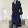 Summer Women Deep Blue Fashion Temperament Eleganckie Lapel Wakacje Daliy Waist Knot Split Ruched Dress 16W1015 210510