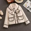 High Quality Women White Bow Mink Jacket Coat For Female Slim Patchwork Pocket Outerwear Ladies Wool Short Winter Clothes 211029