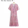 Piękno Moda Boho Różowy Kwiatowy Print Midi Sukienka Kobiety Plaża Chic Vintage Długie Suknie Kobiet Letni Wakacje Nosić 210514
