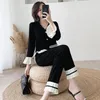 Корейские трикотажные штаны набор шикарных V-образных вырезов кардиган Tops Trimbed Подол вырванный свитер и широкие брюки ног 2 частей набор для женщин 210515
