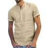 Male Short Sleeve Linen Button T-Shirt O-neck Fashion Summer solid Casual Cotton Henley Loose Blouse Tee Top Men Clothing 210726