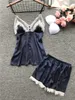 Lace Trim Satin Cami Top Pajama Sats Femme Sexig Underkläder Pajamas Sleepwear Två Piece Set PJS Top Women SleeSeLes Nightwear Q0706