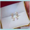 Orecchini con ciondolo Jewelryins Squisito Cz Fiore di rosa Orecchino da donna Brillare Aaa Zircone 14K Oro reale Boemia Stud Matrimonio Compleanno Consegna di goccia