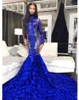 Shining Black Girls Blue Mermaid Prom Dresses 2021 3D Flowers paljetter Plus Size Long Sleeve High Neck Evening Pageant Wears Vestidos de 340C
