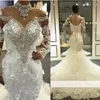 Bridal Gown Luxury Mermaid Arabic Dubai Wedding Dresses 2022 High Sheer Neckline Major Beading Crystals Illusion Long Sleeves Lace Up Back