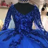 Kraliyet Mavi Sequins Sparkly Quinceanera Elbiseler Uzun Kollu Balo Tatlı 16 Elbise Vestidos De XV Años