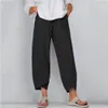 Wide-poot broek losse casual katoen en linnen elastische taille negen-punt vrouwen effen kleur zakken extra grote vrouw 210517