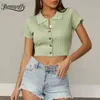 Botão de gola de turn-down Up sólido de malha de trituração das mulheres de alta manga curta de verão Casual Streetwear Slim Fit t-shirt feminino 210510